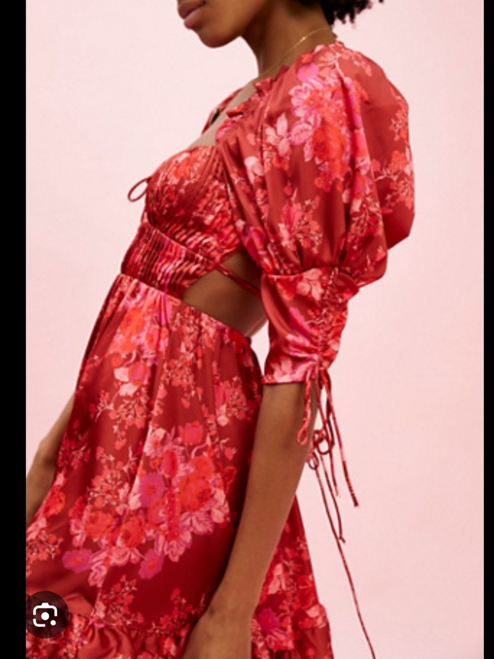 Nwt For Love & Lemons Red Floral Puff-Sleeve Cutout Dress Alia